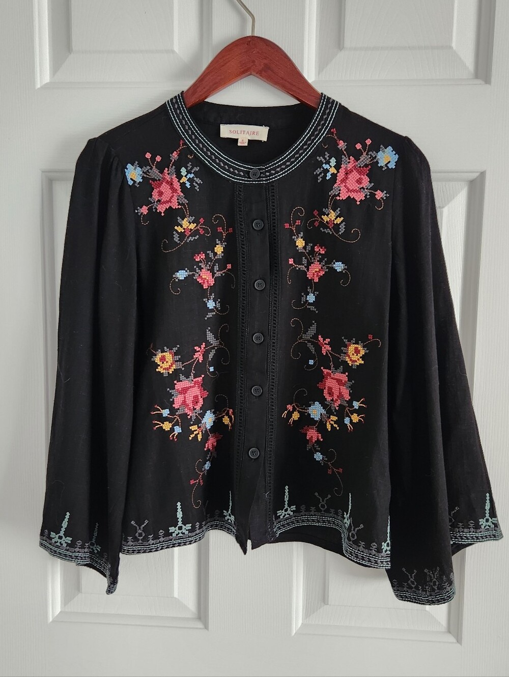 Solitaire Black Embroidered Floral Details Button Front Linen Jacket